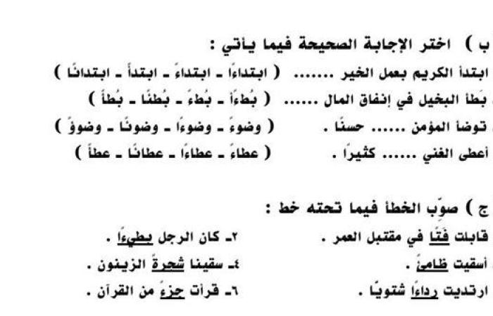 تنوين الهمزة المتطرفة.. اختبار في ورقة واحدة سادسة ابتدائي