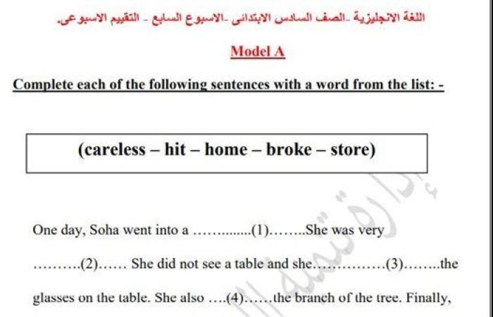 مراجعات نهائية.. أسئلة تقييم الاسبوع السابع في اللغة الإنجليزية الصف السادس الابتدائي