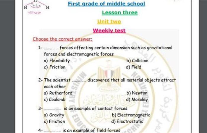 مراجعات نهائية.. أسئلة تقييم الأسبوع التاسع العلوم Science لـ الصف الأول الإعدادي