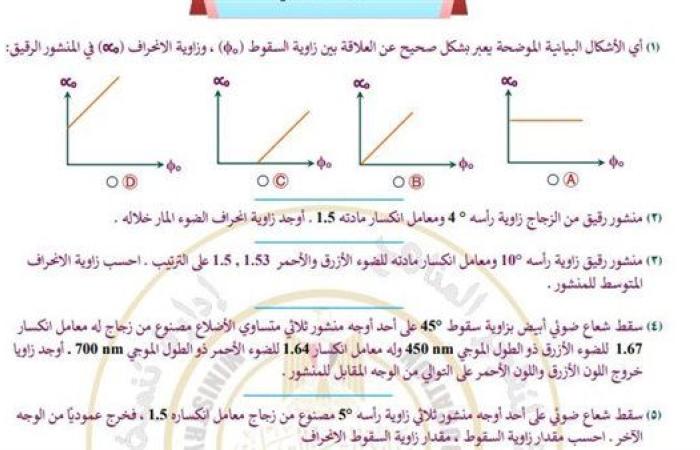 مراجعات نهائية.. أسئلة تقييم الأسبوع الـ 12 الفيزياء الصف الثاني الثانوي