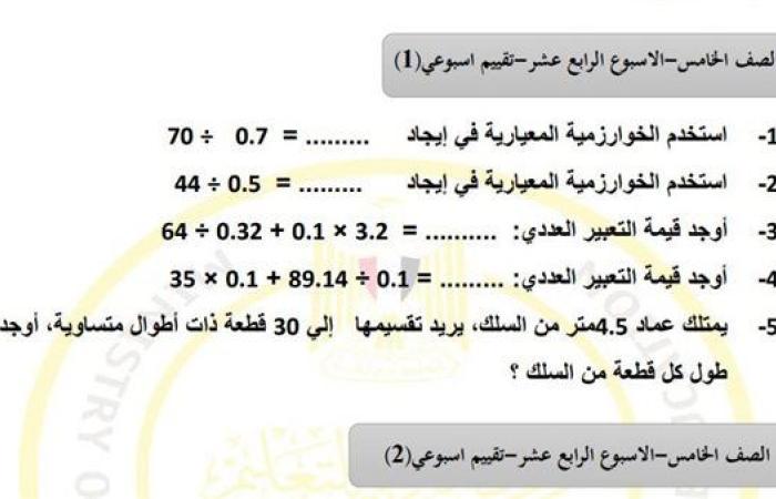 مراجعات نهائية.. أسئلة تقييم الاسبوع الـ 14 في الرياضيات لـ الصف الخامس الابتدائي