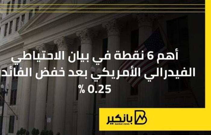 أهم 5 نقاط في بيان الاحتياطي الفيدرالي الأمريكي بعد خفض الفائدة 0.25%