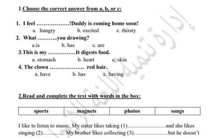 مراجعات نهائية.. لطلاب الصف الثالث الابتدائي.. أسئلة تقييم الاسبوع الـ 15 في اللغة الإنجليزية